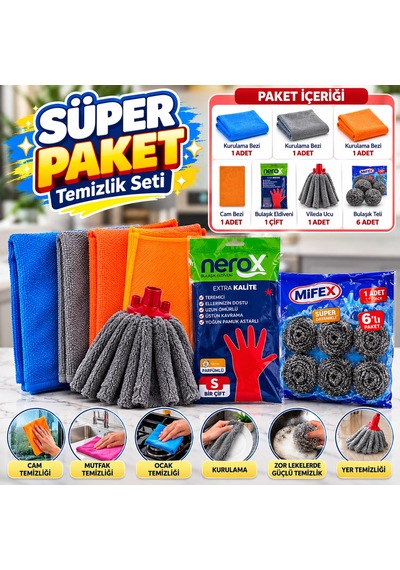 Süper Paket 7 Parçalı Temizlik Seti Kurulama Bezi, Cam Bezi, Bulaşık Eldiveni, Paspas Ucu Ve Top Tel