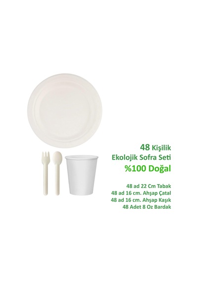 Ekolojik 22 Cm. 48 Kişilik Parti Piknik Sofra Sunum Seti - Doğal Tabak Bardak Çatal Kaşık Takımı