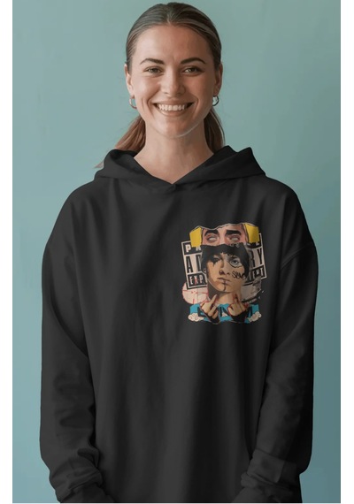 Sevbano Eminem Rapper Şarkıcı Sırt Baskılı Unisex Oversize Penye Hoodie Siyah
