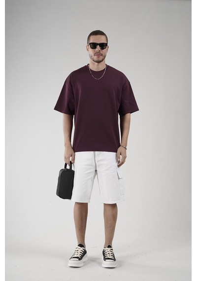 Bisiklet Yaka Oversize Erkek Süprem Tişört Bordo