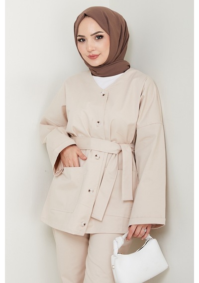 Bestenur Kemerli Ceket Pantolon Gabardin Takım 1557 - Bej Bej