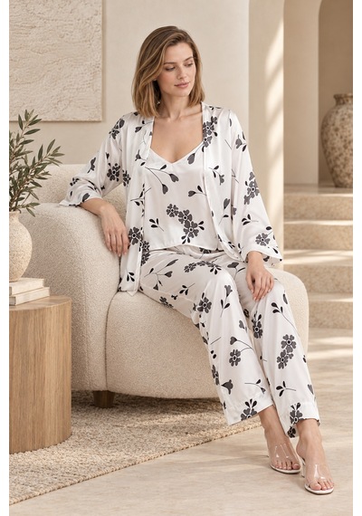 Loule Kadın Beyaz-siyah Çiçekli Kimonolu Saten Pijama Takımı Beyaz - Siyah