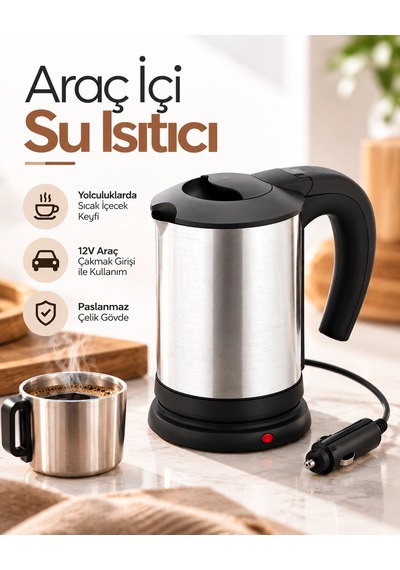 12v Araç Çakmak Girişli Paslanmaz Çelik Araç İçi Su Isıtıcı Seyahat Tipi Kettle