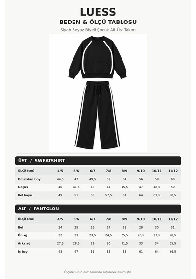 Luess Kız Çocuk Siyah Beyaz Şerit Detaylı Reglan Kol Sweatshirt Geniş Paça Eşofman Takımı