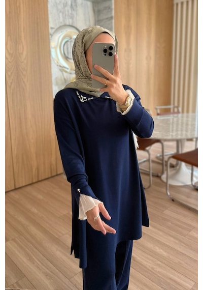 Ka Hijab Kolu Tüllü Merserize Takım - Lacivert