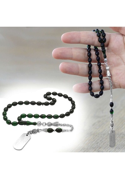 Tesbihname Ateş Kehribar Tesbih - Metal Püsküllü - Süzme Yeşil Siyah Renk - İsme Özel Yazılı - Arpa Kesim Çok Renkli Tesbihname Ateş Kehribar Tesbih - Metal Püsküllü - Süzme Yeşil Siyah Renk - İsme Özel Yazılı - Arpa Kesim Çok Renkli