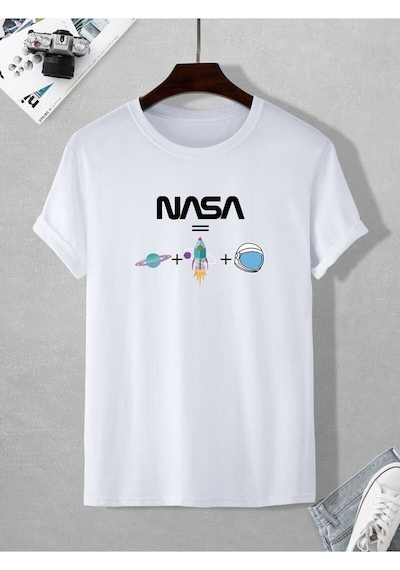Flood Of Style Erkek Beyaz Nasa Baskılı Oversze Bisisklet Yaka Tişört