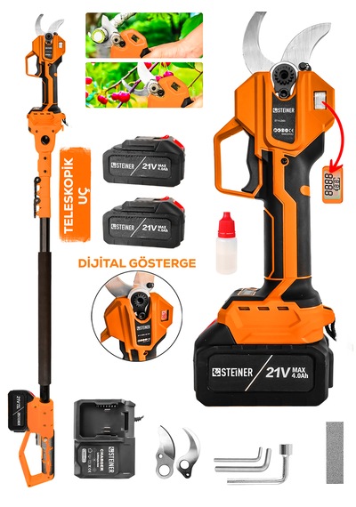 Steiner 30 Mm Dijital Kömürsüz Akülü Bağ Dal Ağaç Kesme Biçme Budama Şarjlı Makası Makinesi + Teleskop T4484