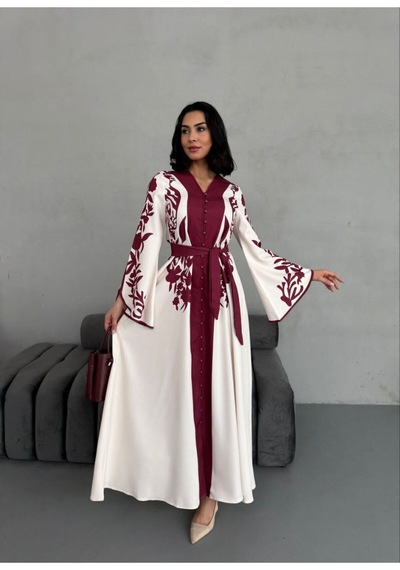 Wellway Atlas Kumaş Mendil Kol Çiçek Desenli Elbise Kemer Dahildir -bordo-2507 Bordo