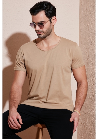 Buratti Pamuklu Slim Fit V Yaka Basic Erkek T Shirt 5412001 Vizon