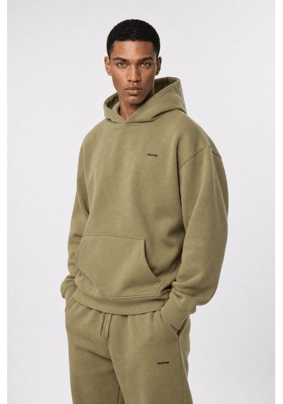Erkek Respire Basic Oversize Hoodie Haki