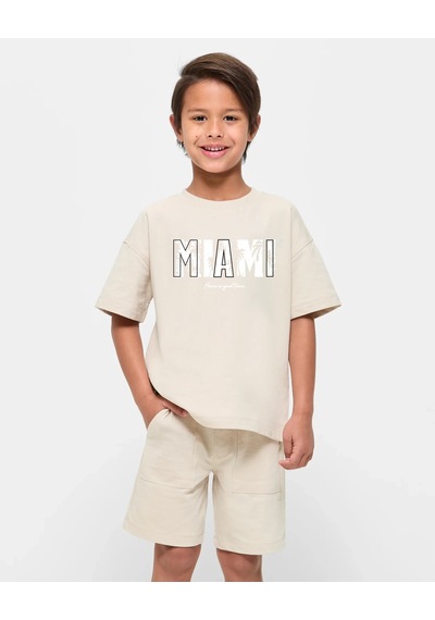 Uyguntarz Çocuk Miami Baskılı Pamuklu Tshirt Bej
