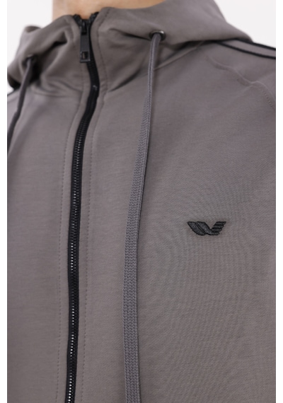 Rowinger Çift Şerit Kol Detaylı Tam Fermuarlı Cepli Rahat Kalıp Ayarlanabilir Kapüşonlu Sweatshirt Antracite