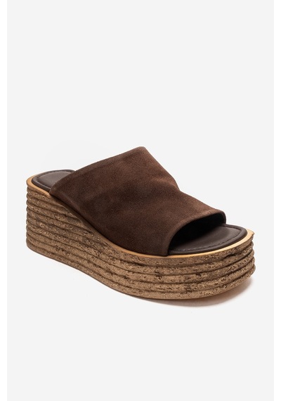 Luvishoes Marc Kahverengi Süet Hakiki Deri Dolgu Topuklu Kadın Terlik