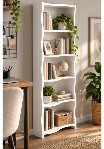 Sulorahome 5 Raflı Modern Dalgalı Tasarım Beyaz Kitaplık Ve Raf Ünitesi Antrasit
