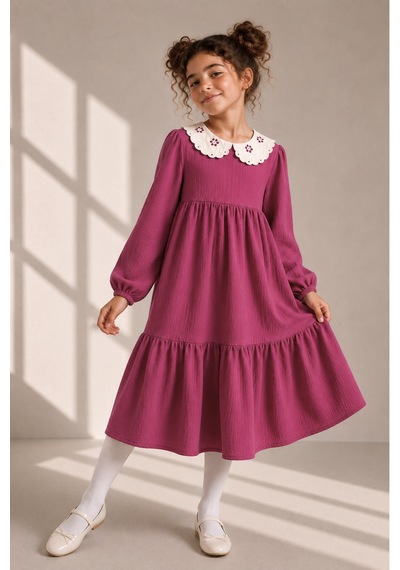 Angel&co. Girls Clothing Brode Yaka Müslin Midi Elbise-fuşya Fuşya