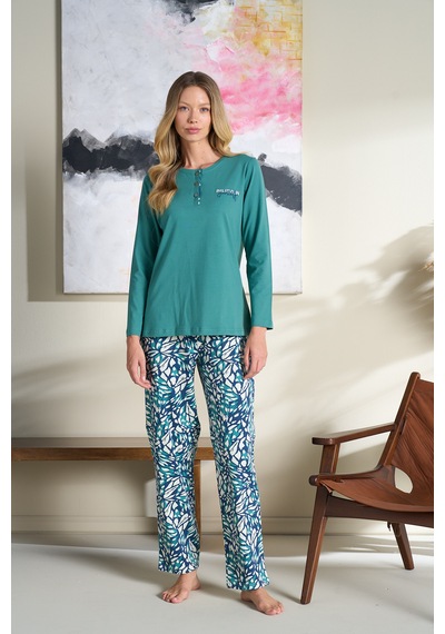 Over Sleep By Poleren Kadın Pijama Takımı Uzun Kol Mevsimlik Düğmeli Yeşil