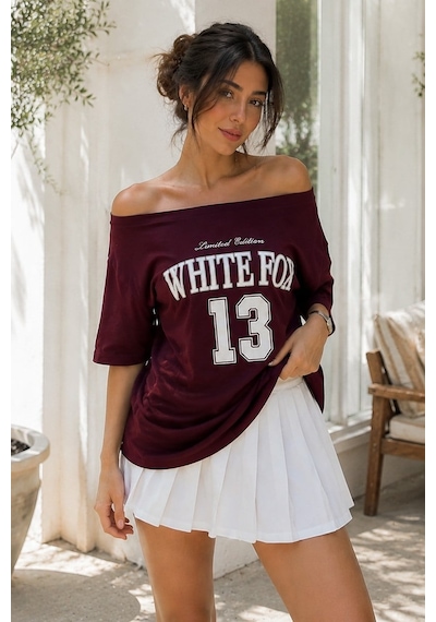 Bordo Kayık Yaka Oversize Baskılı Tişört Mg2824