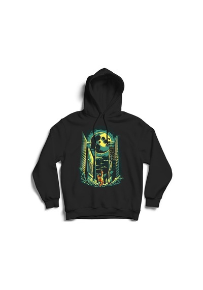 Mars Ve Astronot Baskılı Özel Tasarım Unısex Kapşonlu Sweatshirt Siyah