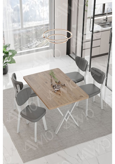 Avvio Lionel Beyaz Elma Sandalye 80x120 Yemek Masası Mutfak Masası 4 Kişilik Masa Sandalye Takımı Akça