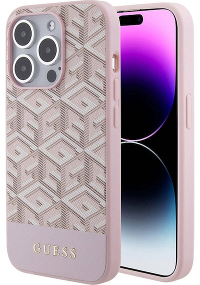 Apple Uyumlu iPhone 15 Pro Max Kılıf Guess Lisans Magsafe Şarj Özellik Yazı Logo Gcube Desen Pembe