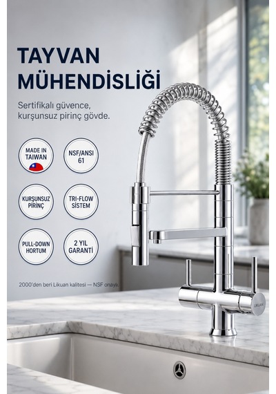 Nkd48n12cp 3 Yollu Spiralli Pull-down Arıtmalı Mutfak Bataryası Krom Tayvan Metal