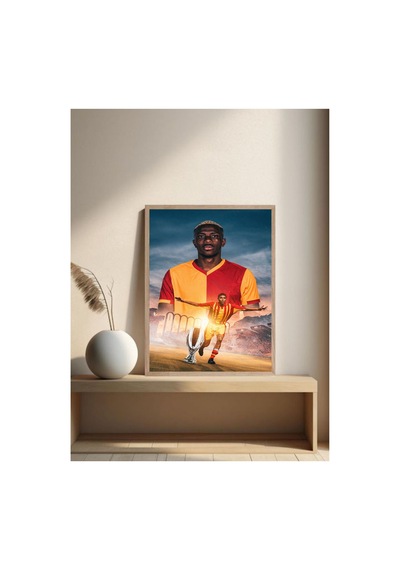Victor Osimhen Sarı Kırmızı Futbol Tablo Doğal Ahşap Çerçeveli Çok Renkli - 867699193 Çok Renkli