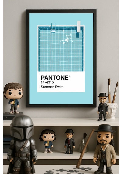 Pantone Havuz Mavisi Siyah Ahşap Çerçeveli Poster, Dekoratif Duvar Tablosu