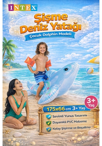 Intex 58535 Şişme Deniz Yatağı Çocuk Dolphin Model 175x66 Cm 3+ Yaş Su Oyuncağı Açık Mavi