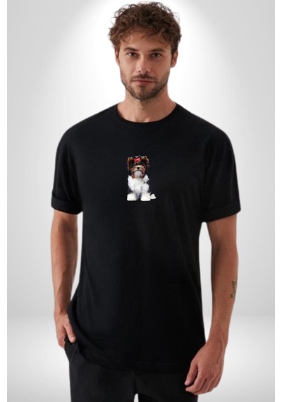 Biewer Yorshire Terrier Siyah Oversize Unisex Ön Orta Minimal Baskılı Tişört Siyah