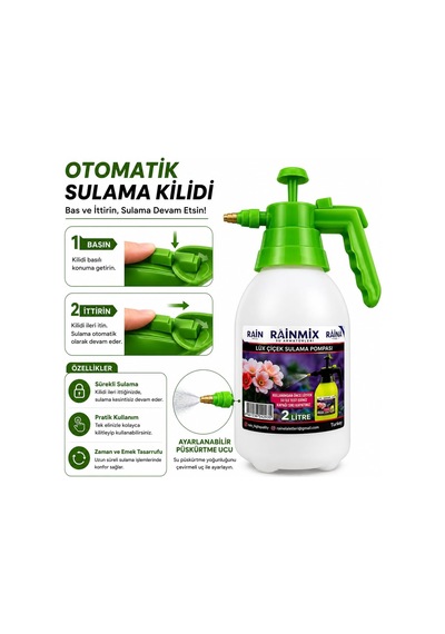 Lexroo Raın 2 Litre Basınçlı El Pompalı Püskürtücü, Ayarlanabilir Uçlu Otomatik Sulama Spreyi, Çiçek