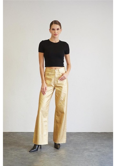 Yüksek Bel Metalik Pantolon Gold
