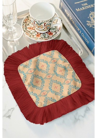 Saray Ihtişamı Saçaklı Bohem Sunum Peçetesi - Vintage Etnik Mavi Bej Bordo Bardak Altlığı Mendil Tozlu Taba