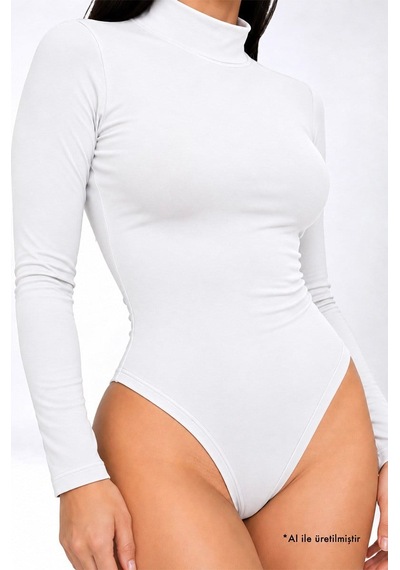 Cottonhıll Premium - Drape Collection Beyaz Viskon Balıkçı Yaka Uzun Kollu Çıtçıtlı Kadın Bodysuit