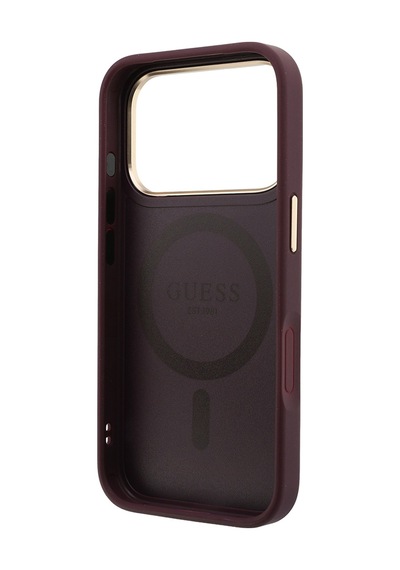 Apple iPhone Uyumlu 18 Pro Max Kılıf Guess Lisanslı M-safeli 360 Standlı Pu Metal Yazı Logolu Kapak Bordo
