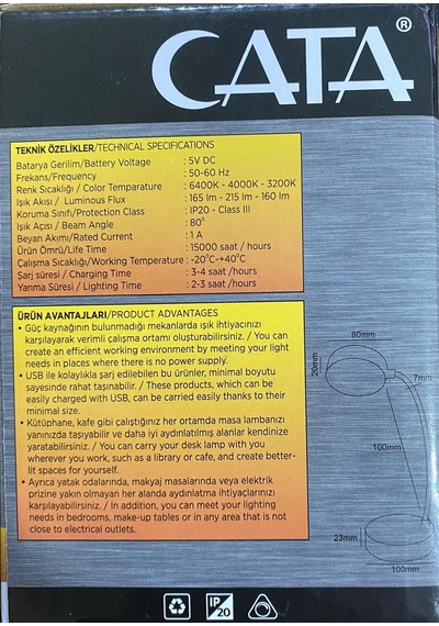 Cata Ct 8440 Berlin Beyaz Eski Kasa Şarjlı Masa Lambası 3 Renk Siyah