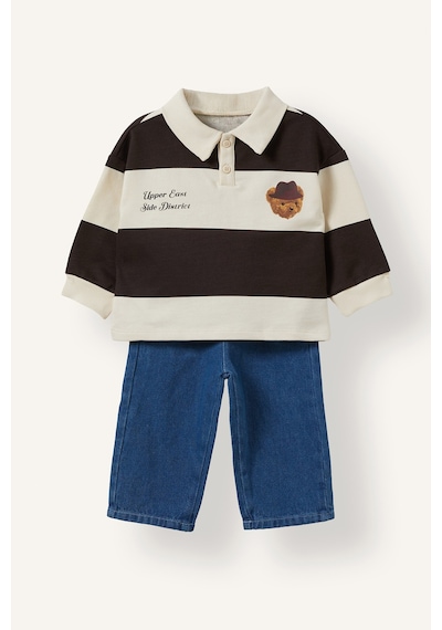 Defacto Çizgili Polo Yaka Ayı Desenli Sweatshirt Ve Pantolon 2li Takım Erkek Bebek I3307a526wnbg734 Bej-bg734