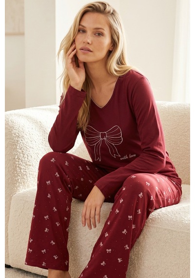 Siyah İnci Nakışlı Pamuklu Likralı Örme Pijama Takım26240306 Bordo