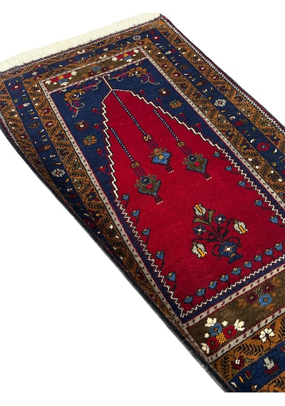 El Dokuma Sıfır Yahyalı Seccade 86x140 Lacivert Kırmızı Kök Boya %100 Yün Namazlık