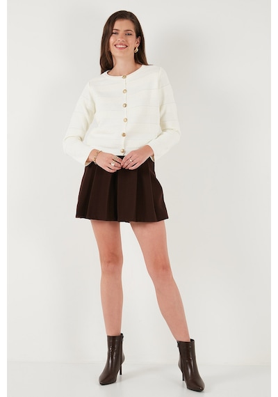 Lela Premium Regular Fit Bisiklet Yaka Düğmeli Dokulu Triko Bayan Hırka 680Hi00337 Ekru