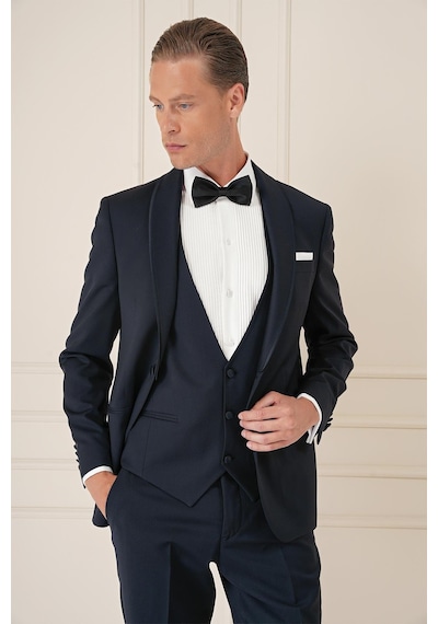 Efor Black 078 Slim Fit Çıkarılabilir Saten Yaka Cerutti Kumaş Yelekli Lacivert Damatlık Smokin Takım Lacivert