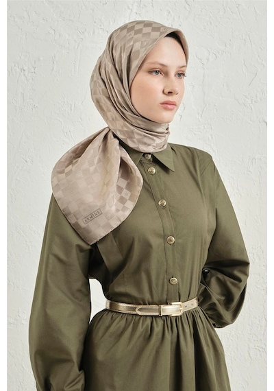 Armine Jakarlı İpek Pamuk Dama Eşarp - 4464 Vizon
