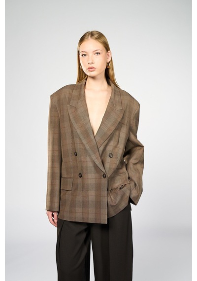 Kadın Kahverengi Ekoseli Oversize Blazer Kahverengi