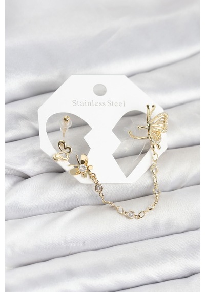 Kelebekli Model Pirinç Gold Renk Zincir Bağlantılı Ear Cuff Küpe Seti - Çok Renkli