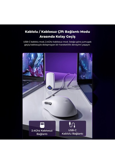 Sc800 Lightweight Paw3395 Sensor 26000 Dpı 8000hz Kablolu Ve Kablosuz Gaming Oyuncu Mouse Beyaz