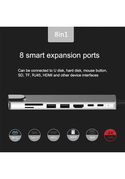 Apple Uyumlu MacBook Pro Air Usb Type-c Hub Dönüştürücü Çevirici Çoklayıcı Usb Hdmı Micro Sd 8 Girişli
