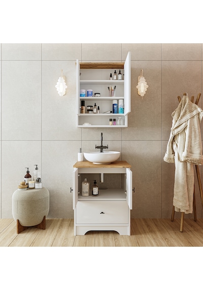 Ayaklı 2 Kapaklı Lavabolu Mdf 60 Cm Çekmeceli Banyo Dolap Aria Atlantik Çam - Beyaz Ayaklı 2 Kapaklı Lavabolu Mdf 60 Cm Çekmeceli Banyo Dolap Aria Atlantik Çam - Beyaz