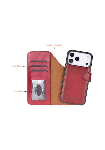 Bloomcase Magic Wallet Crimson Red Apple Uyumlu iPhone 17 Pro 6.3" Hakiki Deri Çıkarılabilir Cüzdanlı Telefon Kılıfı Kırmızı