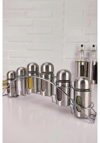 Standlı 6'li Metal Baharatlık Seti Cam-435 Çok Renkli