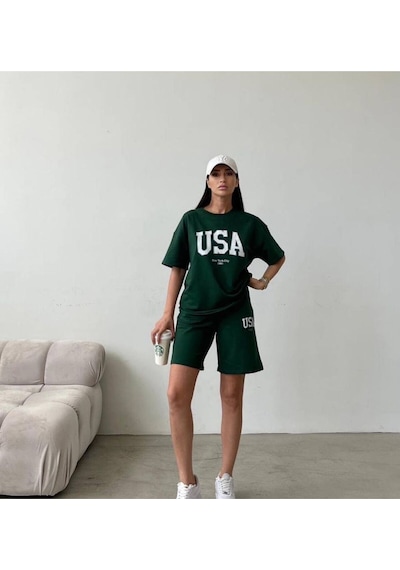 Usa T-shirt Şort - Alt Üst Takım Şort Tişört Kombin Baskılı Bisiklet Yaka Yeşil